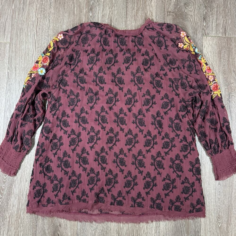 Sundance Gemma Elegance Embroidered Top Maroon Popover Blouse Size XL - Picture 12 of 15